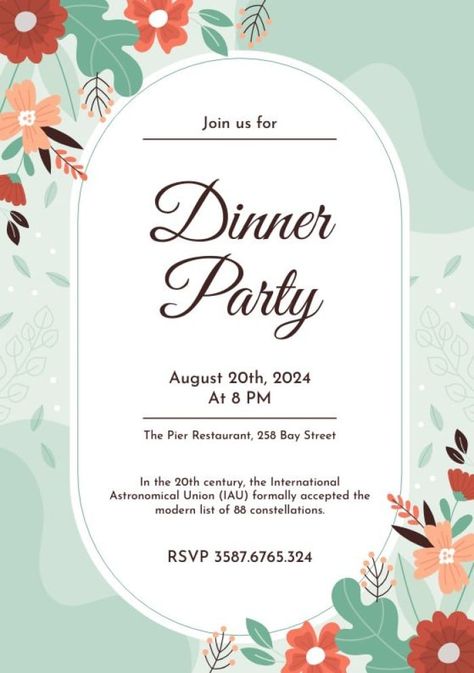 Elegant Floral Dinner Party Invitation Dinner Invitation Card Design, Dinner Party Invitations Template, Floral Dinner Party, Dinner Invitation Design, Invitation Examples, Dinner Party Invitations, Email Invitation, Elegant Dinner Party, 50th Birthday Invitations