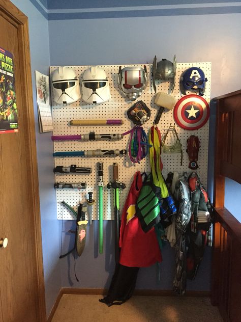 Superhero Dress Up Station, Superhero Costume Storage, Playroom Costume Organization, Dress Up Corner For Boys, Costume Storage Kids, Costume Organization, Kids Costume Storage, Costume Storage Ideas, Boys Room Organization