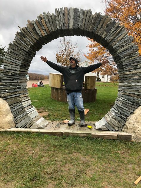 Dry stack moon gate Moon Gate Door, Moon Gate With Door, Brick Moon Gate, Moon Garden Gate, Stone Moon Gate, Pond Bridge, Small Patio Design, Moon Gate, Garden Arches