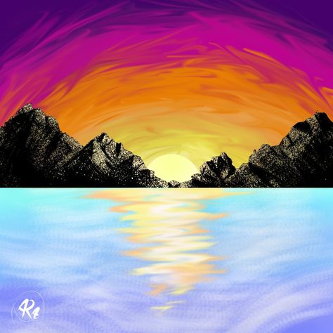 Mountains Painting, Mountain Painting, Sunset Ocean, Sun Sky, Ocean Sunset, Ocean Painting, Mountain Paintings, Sunset Painting, Painting Art Projects