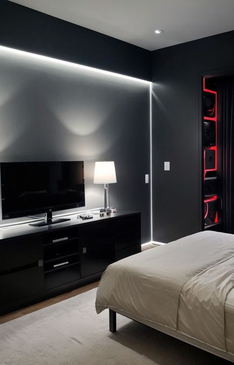 Create a dark gamer bedroom aesthetic by incorporating a sleek gaming desk with LED lights and neon posters of your favorite games. Complete the look with a plush black bean bag chair and a wall-mounted storage shelf for your gaming consoles and accessories. Dark Game Room, Gamer Bedroom Aesthetic, Game Room Aesthetic, Black Bean Bag Chair, Black Bean Bag, Black Bean Bags, Desk With Led Lights, Gamer Bedroom, Bedroom Vibes