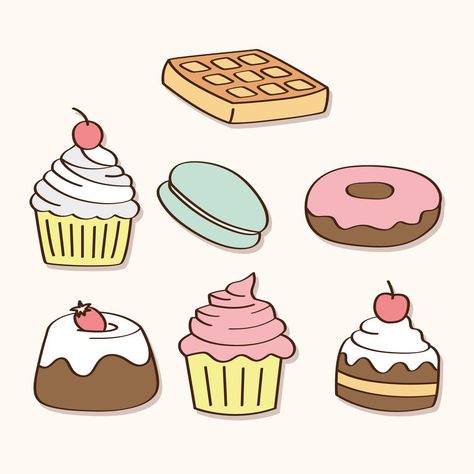 Hand Drawn Sweets And Candy Candy Icon, Candy Drawing, Desserts Drawing, Vintage Sweets, Donut Vector, Cupcake Vector, Cute Bakery, Free Doodles, Dessert Illustration