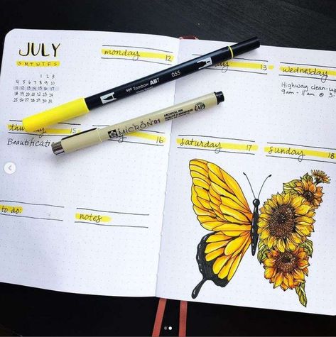 23 Stunning Sunflower Themed Bullet Journal Layout and Spread Ideas Sunflower Bullet Journal Theme, Sunflower Bullet Journal, 2024 Bujo, May Bullet Journal, Bullet Journal 2020, Bullet Journal Key, Faux Calligraphy, Bullet Journal Hacks, Journal Diy