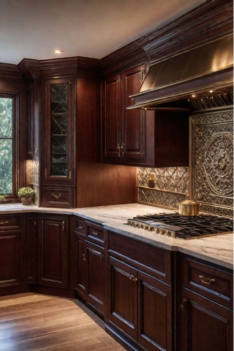 A cozy traditional kitchen with custom cabinetry, warm wood tones, and classic architectural details.