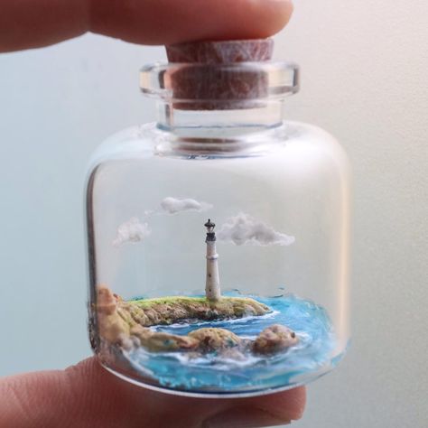 the world in a bottle ^o^ (@nj_huang) • Foton och videor på Instagram Miniature Lighthouse, Tiny Jars, Jar Art, Clownfish, Miniature Bottles, Diy Watercolor Painting, Bottle Jewelry, Miniature Rooms, Glass Bottle Crafts