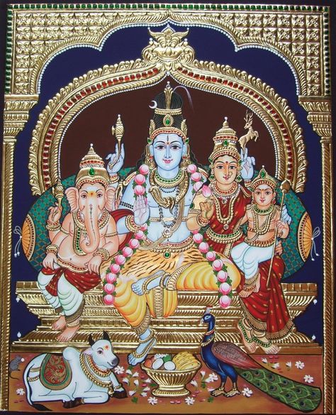 Mysore Painting, Indian Traditional Paintings, Tanjore Paintings, Shiva Family, Kerala Mural Painting, Kalamkari Painting, Shiva Pics, Ganesh Art, Indian Painting