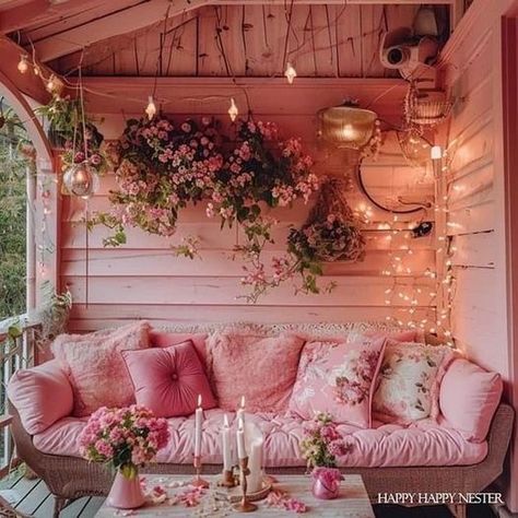 Shabby Chic, Vintage | My Future porch life 🩷💗💕 | Facebook Pink Backyard, Cuddle Corner, Summer House Interiors, Cottage Cozy, Porch Life, Pink Furniture, Boho Patio, Future Apartment Decor, Outdoor Room