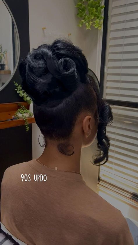 Up Black Hairstyles, Updo Hairstyles Curly, Updo Hairstyles Curly Hair, 90s Updo Hairstyles, 90s Updo, Black Brides Hairstyles, Black Color Hairstyles, Black Wedding Hairstyles, Color Hairstyles