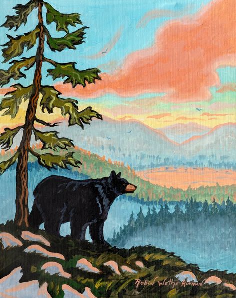 "12\" x 16\" Fine Art Print of an Acrylic Painting In this heartwarming painting of a black bear in Appalachia, you can almost breath the fresh air and feel the incredible peace. God bless the black bears and may we all live harmoniously together on the mountain." Bear Acrylic Painting Easy, Camper Art Painting, Diy Painting Mountains, Acrylic Painting Doodles, Acrylic Painting Wall Decor, Mountains And Trees Painting, Bear Paintings Easy, Bear Paintings Acrylic, Easy Bear Painting