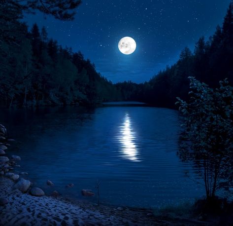 Moon Over Lake Painting, Moonscapes Painting, Moon And Water Painting, Water At Night Painting, Lake Drawing Reference, Moon Ocean Painting, Lake At Night Painting, Night Lake Painting, Moon Over Water Painting