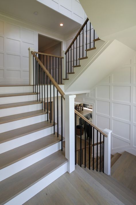 87_Welcoming and Functional Contemporary U-shaped Staircase, Arlington, VA 22207 - Transitional - Staircase - DC Metro - by Century Stair Company | Houzz Wall Detailing, Contemporary Staircase Design, Iron Stair Balusters, U Shaped Staircase, Stair Railing Makeover, Built In Bench Seating, Transitional Staircase, Foyer Stairs, Contemporary Staircase