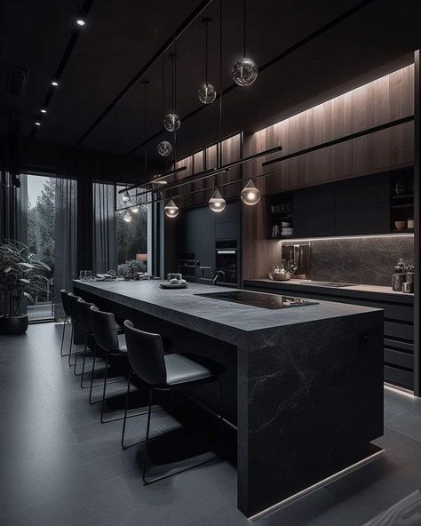 Luxury Wardrobes, Black House Interior, Black Modern House, Dark Modern House, Penthouse Bedroom, Bountiful Kitchen, Modern Black Kitchen, Dream House Rooms, Luxury Kitchen Design