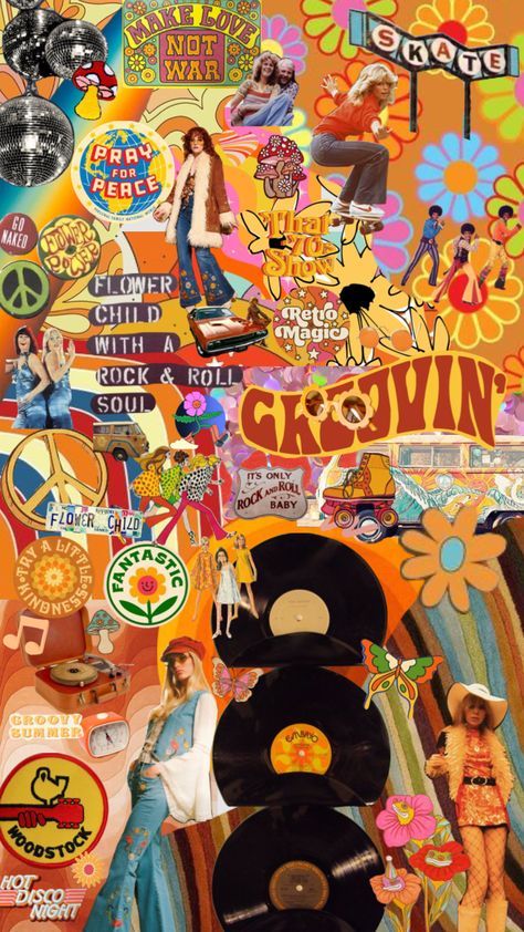 Disco Collage, 70 Aesthetic, Hippy Aesthetic, 1970s Wallpaper, Artistic Composition, 70’s Aesthetic, Girls Stickers, Rock Album Covers, 70s Art