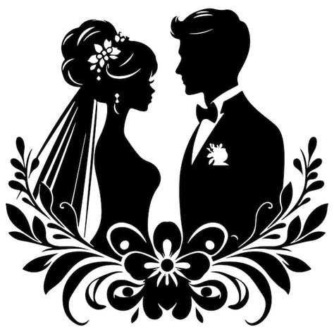 Bride And Groom Silhouette Svg Free, Wedding Illustration Card, Classic Black And White Wedding, Bride Silhouette, Bride And Groom Silhouette, Simple Line Art, Wedding Card Frames, Adobe Photoshop Design, Groom And Bride