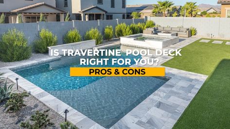 Are you thinking about a Travertine deck around your pool, but aren’t sure how it will look? Learn the pros and cons of using Travertine and see galleries of all the beautiful shade variations! Travertine Pool Deck, Cody Pools, Travertine Pool Decking, Travertine Deck, California Pools, Backyard Pool Design, Deck Renovation, Pool Decking, Travertine Pool Coping