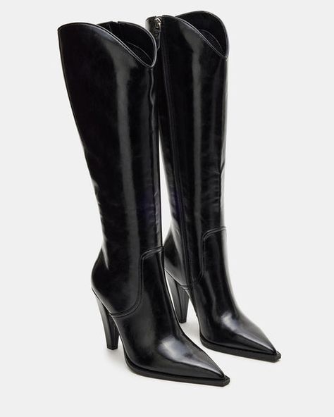 Experience the perfect combination of style and sophistication with AURA. These stunning knee-high boots feature a sleek heel and elegant pointed toe, instantly elevating any outfit. With a timeless design and expert craftsmanship, these boots are a must-have for any fashion-forward individual. 4 inch heel height 14 in Black Boots Heels, Black Boot Heels, Knee High Stiletto Boots, Black Heeled Boots, Fall Boots Outfit, Black Cowgirl, Winter Fashion Outfits Casual, Classy Shoes, Black Knee High Boots