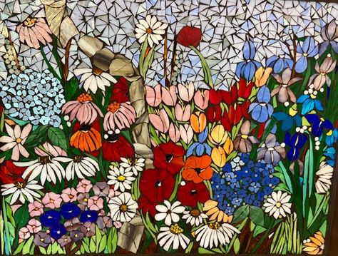 Mixed Flower Garden Mosaic Stained Glass Window Daisy Art | Etsy Fairport Ny, Stained Glass Mosaic Art, L'art Du Vitrail, Poppy Wall Art, Window Crafts, Mosaic Garden Art, Daisy Art, Mosaic Art Projects, Mosaic Stained