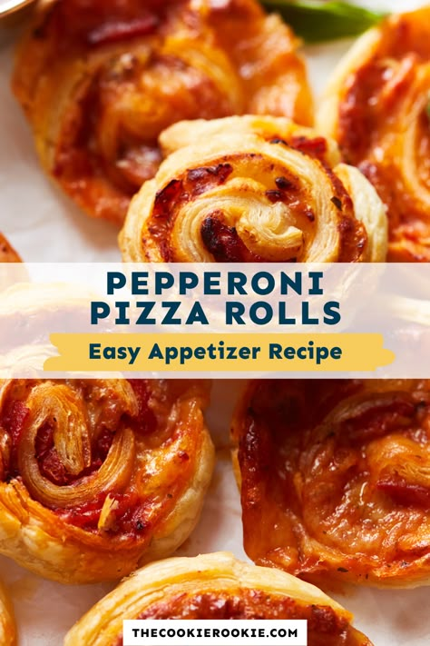 Pepperoni pizza rolls are always a hit, and they're so easy to make at home! These pizza pinwheels are made with puff pastry dough and baked to perfection. This homemade pizza rolls recipe is so tasty, and it makes a great game day appetizer. Pepperoni Appetizers, Pepperoni Pinwheels, Pepperoni Rolls Recipe, Pepperoni Pizza Puffs, Pizza Rolls Recipe, Pepperoni Pizza Rolls, Puff Pastry Pinwheels, Pepperoni Recipes, Puff Pastry Pizza