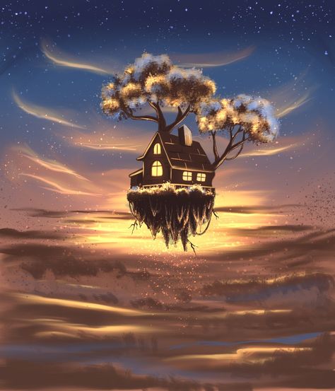 Art drawing fantasy landscape flying house home magic cloud sky sun Fantasy House Art, House In The Clouds, Flying House, Home Magic, Art Loft, 600 Followers, Painting Cartoon, Iphone Wallpaper Lights, Perspective Drawing Architecture