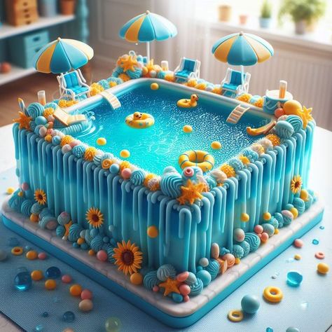 Swim Theme Cake, Water Park Birthday Cake, Pool Theme Birthday Cake, End Of Summer Cake Ideas, Water Park Cake, Water Party Cake, Summer Cake Ideas Birthday, Waterpark Cake, Pool Cake For Kids