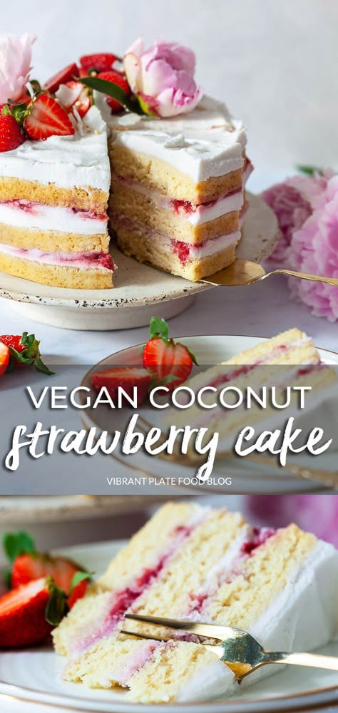 Vegan Cake Recipes Birthdays, Strawberry Coconut Cake, Vegan Coconut Cake, Cake Almond, Strawberry Cake Recipe, Vegan Birthday Cake, Coconut Balls, Vegan Baking Recipes