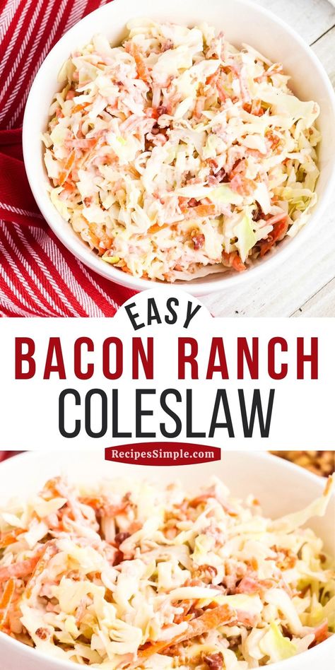 This creamy Bacon Ranch Coleslaw is the perfect side dish on a hot summer day. Five simple ingredients is all you need to make this easy coleslaw. Bacon Ranch Coleslaw, Ranch Coleslaw Recipe, Coleslaw Mix Recipes, Coleslaw With Bacon, Summer Slaw Recipe, Camping Side Dishes, Coleslaw Salad Recipe, Ranch Coleslaw, Sweet Corn Salad Recipe