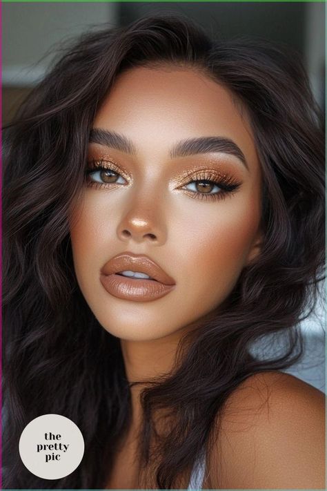 Gold Dress Makeup, Night Makeup Ideas, Bronze Eye Makeup, Perfect Lip Color, Sunkissed Makeup, Sultry Makeup, Gold Eye Makeup, Expensive Makeup, Date Night Makeup