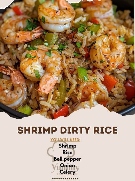 Yummy Recipes | 🍤 Shrimp Dirty Rice: A savory, spicy meal with a seafood twist! #SpicyShrimpRice Shrimp Dirty Rice Ingredients: Shrimp, peeled (1 lb... | Instagram Shrimp Dirty Rice Recipe, Shrimp Dirty Rice, Rice And Chicken Broth, Recipe With Bell Peppers, Protein Meals Healthy, Meals Protein, Dirty Rice Recipe, Shrimp Rice, Seafood Dish Recipes