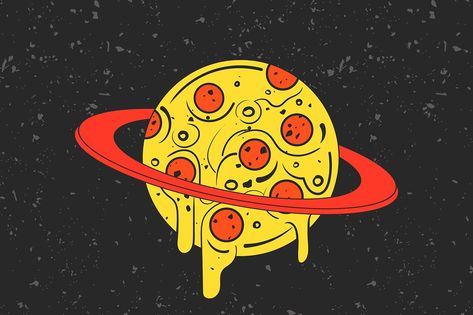 Pizza planet. Vector illustration. #space#planet#Modern#food Pizza Planeta, Pizza Vector Illustration, Trace Shapes, Space Pizza, Pizza Drawing, Bright Illustration, Pizza Vector, Planet Vector, Planet Drawing