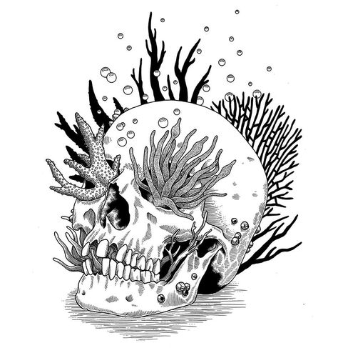 Sea Skull Tattoo, Coral Skull Tattoo, Sea Tattoo Sleeve, Ocean Life Tattoos, Ocean Theme Tattoos, Sea Life Tattoos, Underwater Tattoo, Ocean Sleeve Tattoos, Ocean Sleeve