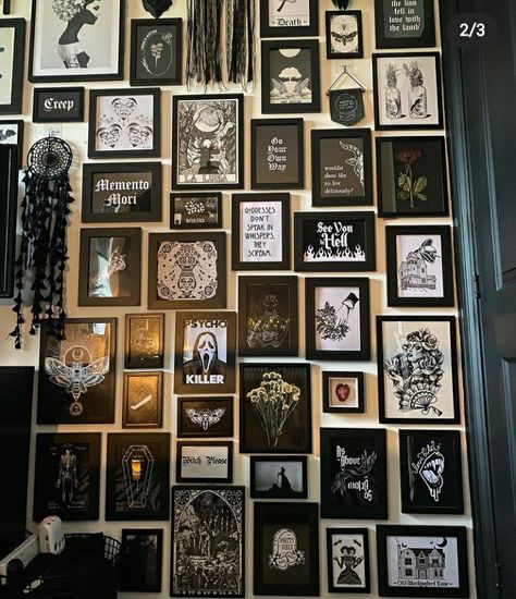 Goth Bedroom Wall Decor, Quirky Goth Decor, Goth Decor White Walls, Gothic Wall Art Diy, Tattoo Gallery Wall, Horror Wall Decor, Free Gothic Printables, Goth Gallery Wall, Gothic Gallery Wall