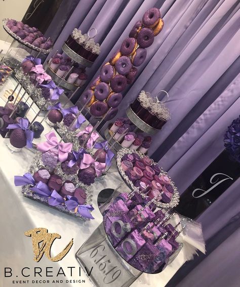 Black And Lavender Birthday Decor, Purple Black And Gold Dessert Table, Purple Quince Dessert Table, 50 Shades Of Purple Birthday Party Ideas, 50 Shades Of Purple Party, Purple And Gold Treat Table, Purple Wedding Dessert Table, Lilac Desert Table, Shades Of Purple Decorations