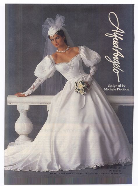 Alfred Angelo - This would be really pretty without the monster puffs. And that headpiece 1980s Wedding Dress, 90s Wedding Dress, Retro Wedding Dresses, Queen Wedding Dress, Bride Dress Vintage, Gowns Vintage, Alfred Angelo, Perfect Bride, Wedding Dresses Photos