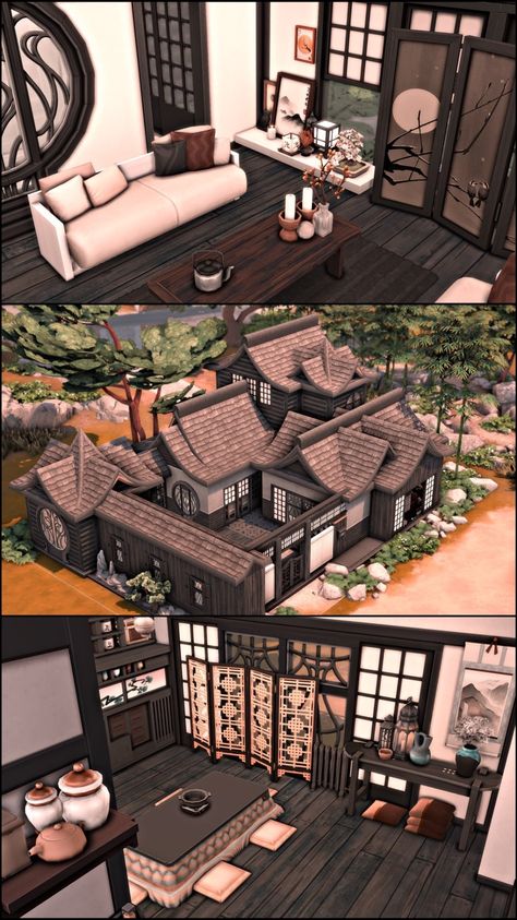 Asian Inspired Family Home.☁️ The Sims 4 Houses Ideas Japanese, Bloxburg Asian House, Japanese Home Sims 4, Sims 4 Japanese House Cc, Sims4 Japanese House, Sims 4 Asian House, Sims Japanese House, Sims 4 Japanese Apartment, Japanese Family Home