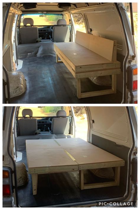 Van Bed Build, Small Van Camper, Camper Van Bed Ideas, Van Conversion Bed Frame, Van Bed Ideas, Van Bed Frame, Camper Van Decor, Foodtrucks Ideas, Small Camper Vans