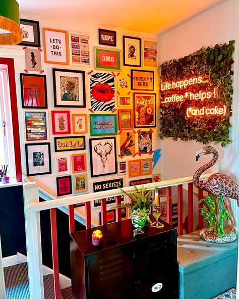 Maximalist Tv Console, Maximalist Painted Wall, Eclectic Neon Decor, Maximalist Bright Decor, Maximalist Feature Wall, Maximalist Decor With White Walls, Eclectic Decor Gallery Wall, Maximalist Decor Rental, Living Room Wall Decor Ideas Maximalist