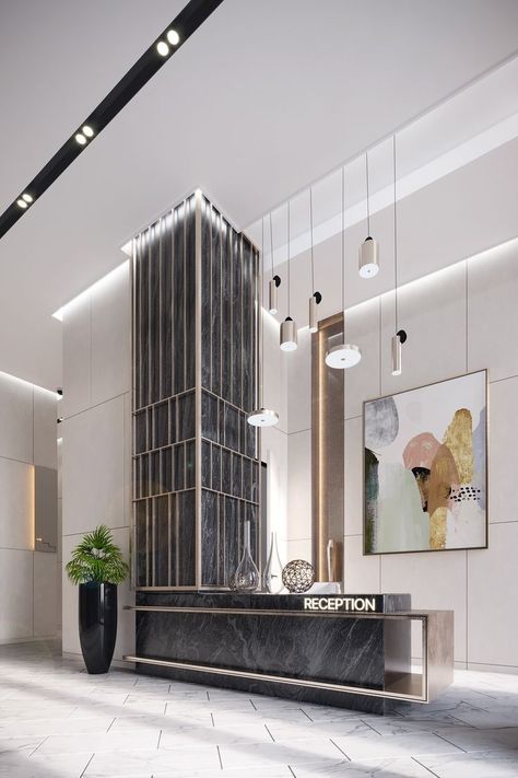 Residential lobby concept with black marble reception desk and mismatched pendant lights Residential Lobby, Lobby Ideas, Interior Hotel, Hotel Lobby Design, Lobby Interior Design, Reception Desk Design, Indoor Pools, Lobby Reception, Marriott Hotel