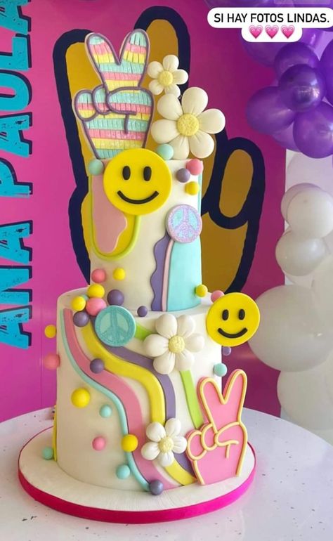 Smiley Face Daisy Cake, Groovy Cake Ideas Birthday, 8 Is A Vibe Birthday Cake, 7 Is A Vibe Birthday Party, Peace Out Cake, Preppy Birthday Cake Smiley Face, Groovy Smiley Face Birthday Cake, Peace Out Birthday Cake, 5 Is A Vibe Birthday Cake