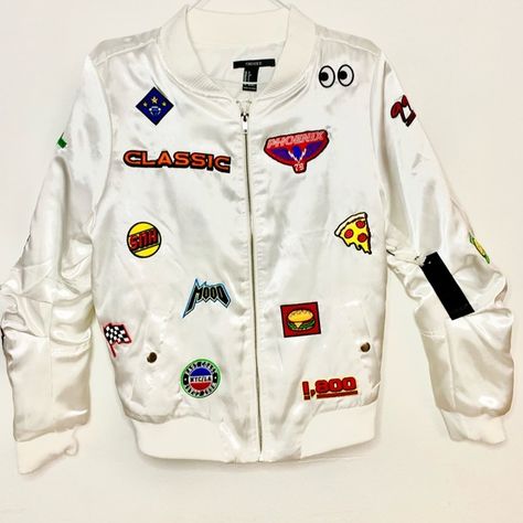 White jackets style bumper with emojis on it White Jackets, Jackets Style, Streetwear Style, Forever 21 Jacket, Bomber Jackets, White Jacket, Jacket Style, Streetwear Fashion, Motorcycle Jacket