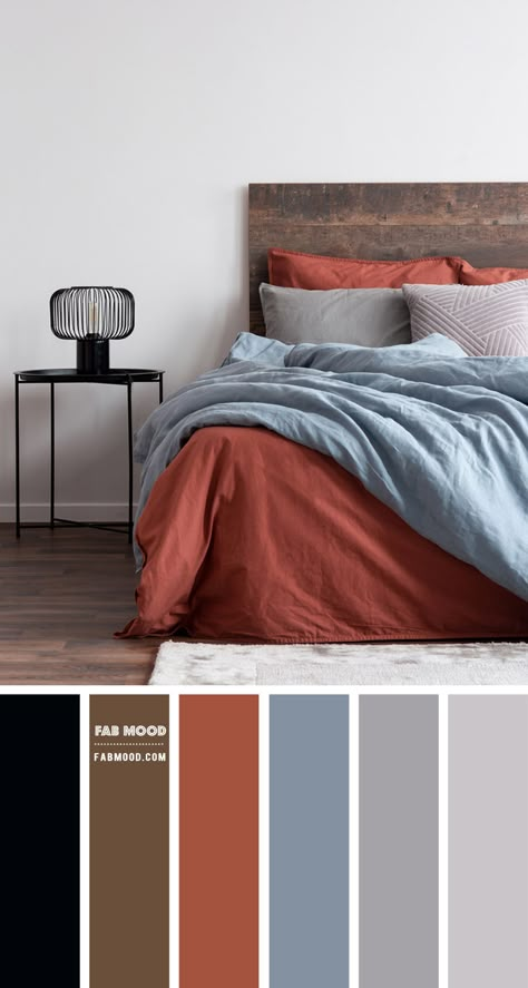 Brick Red and Dusty Blue Bedroom Color Scheme Blue Bedroom Colors, Terracotta Bedroom, Wedding Color Palettes, Themes Wedding, Bedroom Colour Palette, Colors Wedding, House Color Palettes, Bedroom Red, Brick Colors