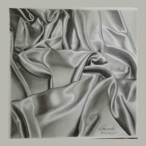 Charcoal Fabric Drawing, Satin Texture Drawing, Ribbon Shading Drawing, How To Draw Fabric, Stripling Art, Shading Patterns, Fabric Studies, Easy Realistic Drawings, Texture Sketch