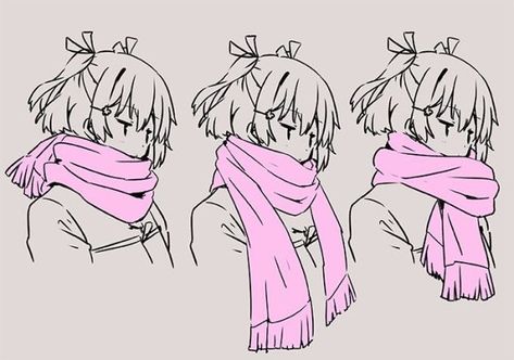 Drawing Scarf Reference, Scarfs Drawing Reference, How To Draw Scarves, Winter Clothing Reference, Anime Scarf Reference, How To Draw A Scarf On A Person, Scarf Drawing Tutorial, Winter Pose Reference Drawing, Holding Scarf Reference