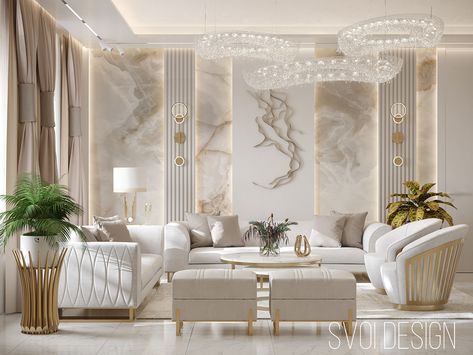 Luxurious bright living room :: Behance Living Room Wall Designs, Luxury Living Room Decor, Latest Living Room Designs, Gold Living Room, Luxury Living Room Design, Bright Living Room, Living Room Trends, Room Deco, Living Room Design Decor