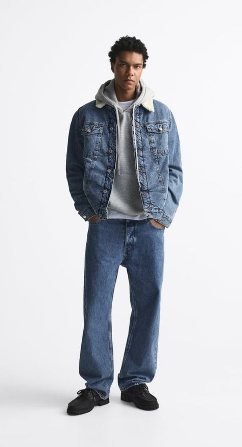 Guy Jean Jacket Outfits, Hoodie And Denim Jacket Outfit Men, Denim Jacket Men Outfit Winter, Jean Jacket Hoodie Outfits Men, Jean Sherpa Jacket Outfit Mens, Jean Jacket Mens Outfits, Denim Mens Outfits, Man Denim Jacket Outfit, How To Style A Jean Jacket Men