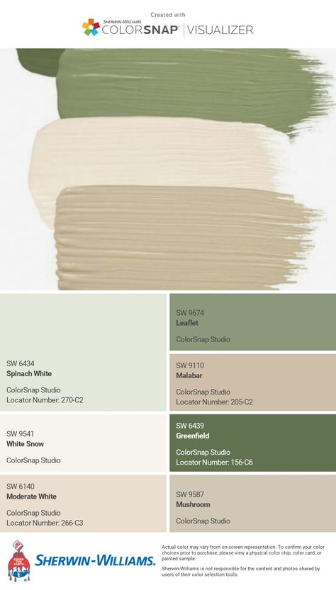 Paint Color Schemes With Sage Green, Colour Palette For Home Decor, Sage House Color Palette, Green Room Colour Palettes, Safe Green Palette, Sherwin Williams Broccoflower, Sage Green Room Color Palette, Green Wall Color Palette, Green Room Paint Colors