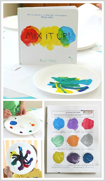 Create and name your own colors while exploring color mixing with paints! Inspired by Herve Tullet's new book, Mix It Up! (FREE Printable)~ BuggyandBuddy.com Preschool Colors, Mixing Colors, Homeschool Art, Preschool Books, Kindergarten Art, Art Activities For Kids, Up Book, Camping Art, Preschool Art