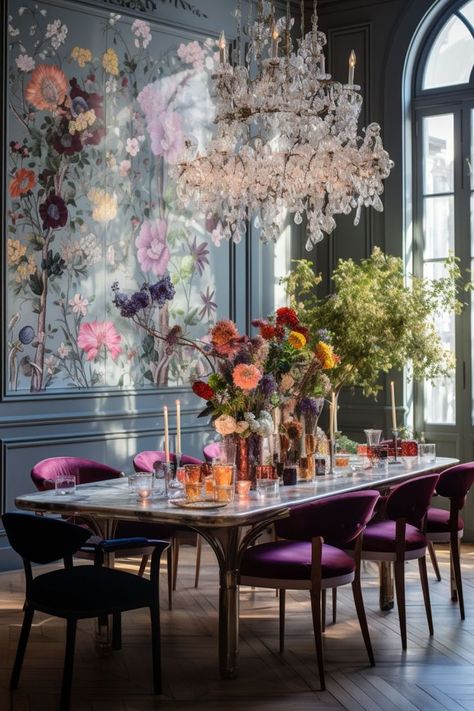 Colourful Dining Room with Large Chandelier and Velvet chairs Modern Dining Table Luxury, Funky Dining Room, Funky Interior Design, Velvet Dining Room Chairs, Large Floral Wallpaper, Jade Design, Floral Chair, Interior Design Images, Large Chandelier