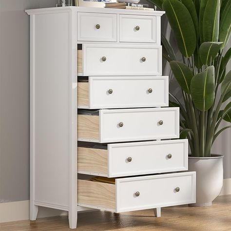 Amazon.com: IKENO White 7 Drawer Tall Dresser, Tall Solid Wood Large Storage Cabinet, Modern Simple White Tall Chest of Drawer for Bedroom Living Room Hallway Entryway (White) : Home & Kitchen Tall Dresser Chest, Narrow Dressers Small Spaces, Minimalist Cabinets Bedroom, Tall Dresser White, White Tall Dresser, Frame Paneling, Amazon Bedroom Finds, Tall White Dresser, Tall Dressers