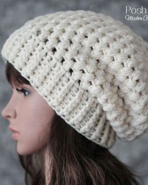 Modern Haken, Slouchy Hat Crochet Pattern, Slouchy Hat Pattern, Puff Stitch Crochet, Crochet Mittens Pattern, Crochet Cocoon, Crochet Slouchy Hat, Beanie Hat Pattern, Elegant Crochet