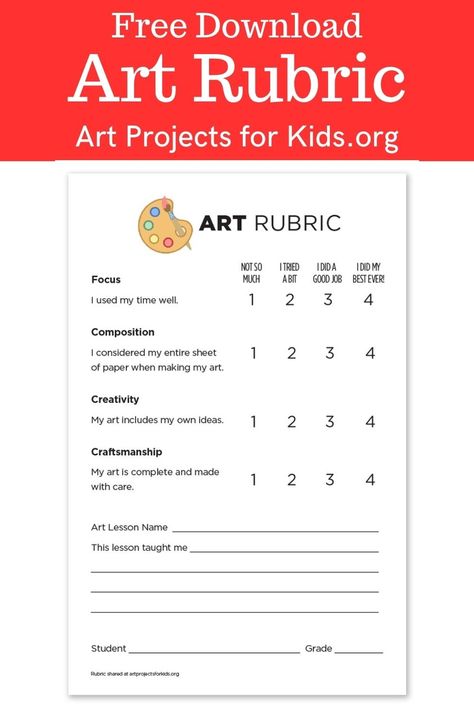 A free art rubric designed to let students think more about their own work. Simple, easy, and with positive wording. #artrubric #rubric Elementary Art, Primary Color Wheel, Art Rubric, Rubric Template, Diy Classroom, Art Lesson, Teacher Classroom, Art Classroom, Rubrics